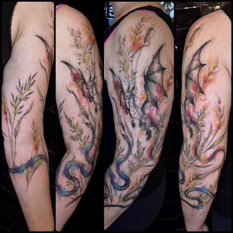 watercolor sketchy dragon and snake tattoo half sleeve by Marloes Lupker