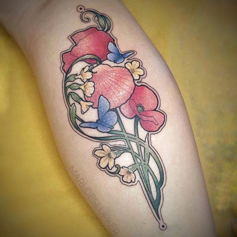 art nouveau glitter poppy and sea shell tattoo by marloes lupker