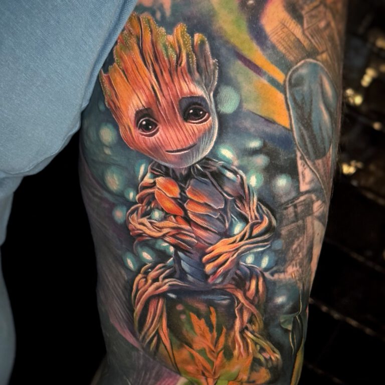 guardians of the galaxy baby groot realism tattoo by marloes lupker