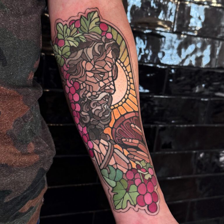 stained glass bacchus god of wine tattoo by Marloes Lupker