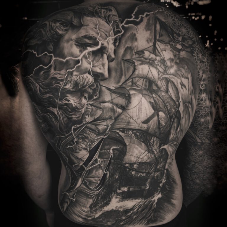 black and grey epic poseidon and pirate ship backpiece tattoo by marloes lupker