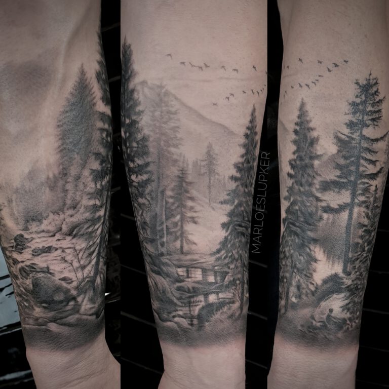 black and grey realistic landscape forest tattoo sleeve by marloes lupker