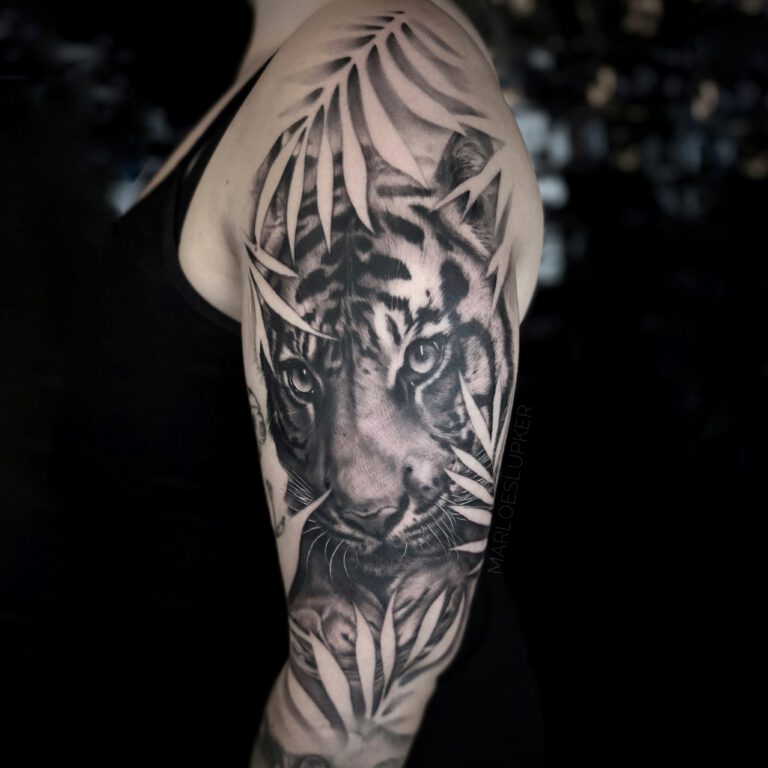 black and grey tiger tattoo by marloes lupker