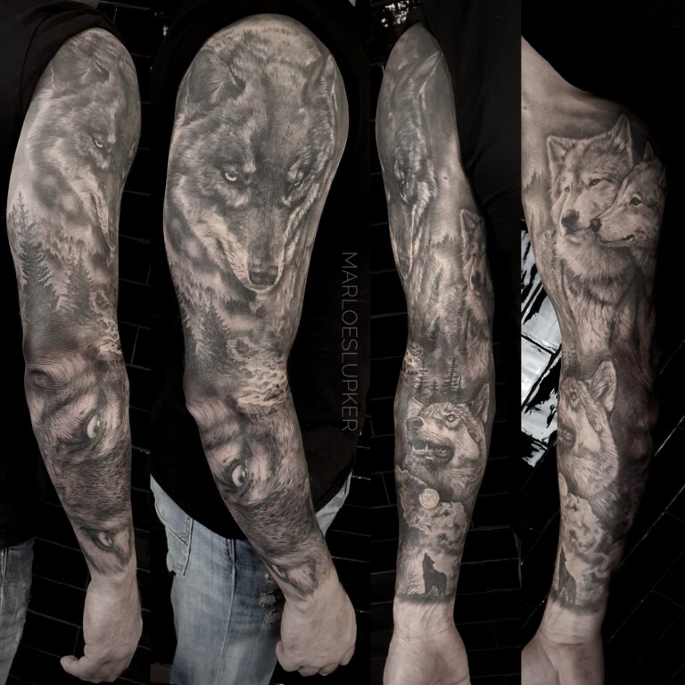 black and grey wolf sleeve tattoo by marloes lupker