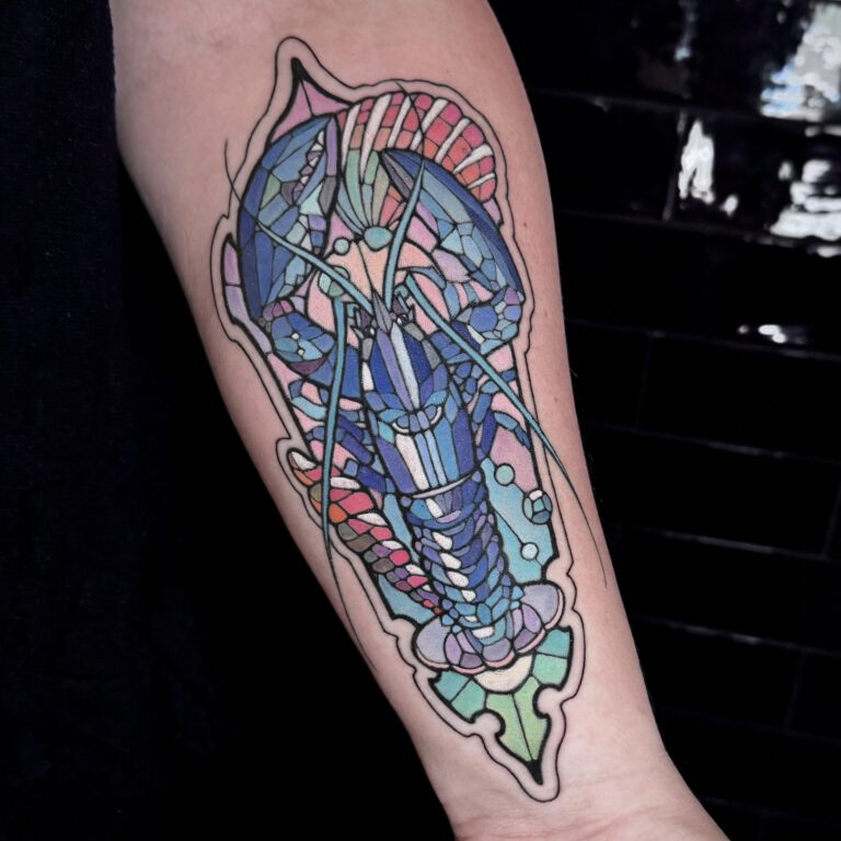 Rare blue lobster stained glass tattoo by marloes Lupker