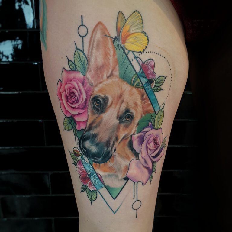 dog portrait and roses tattoo by marloes lupker