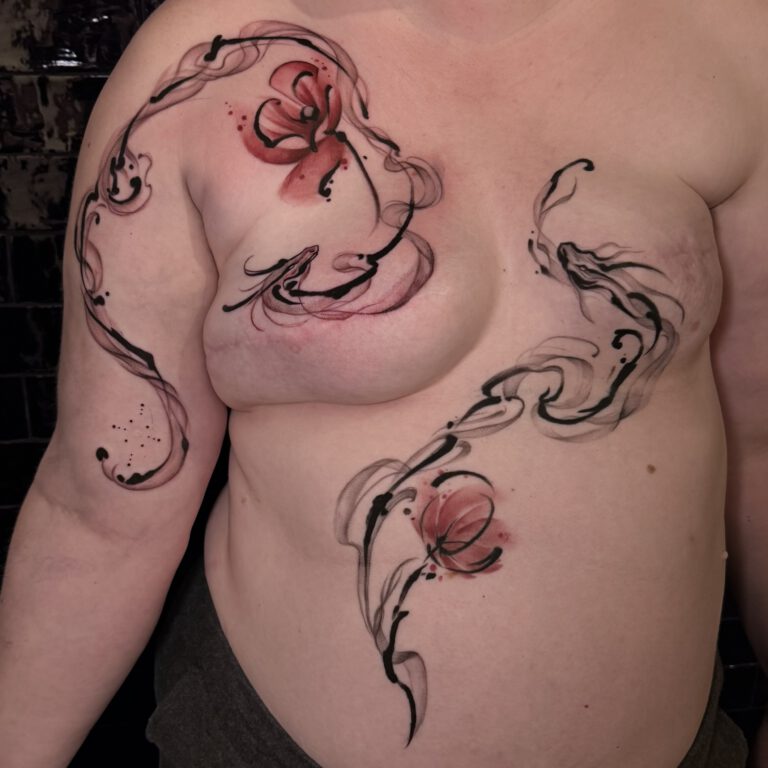 post mastectomy breastcancer sketchy smokey dragons and abstract poppy tattoo by marloes lupker