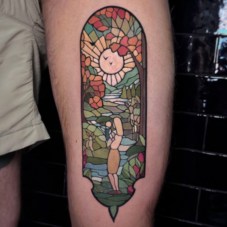 the garden of eden stained glass style tattoo by marloes lupker
