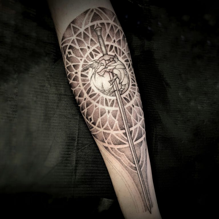 the witcher sword and symbols geometric mandala tattoo by marloes lupker