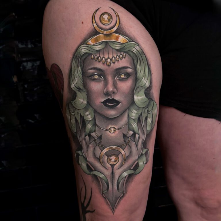neotraditional witch with gold tattoo by marloes lupker