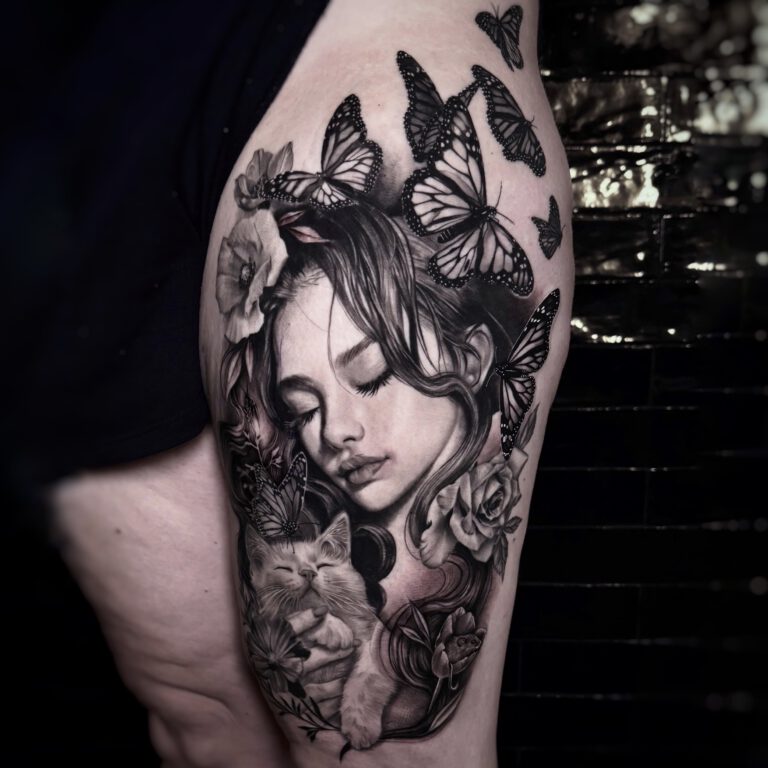 nature goddess with kitten black and grey realism tattoo by marloes lupker