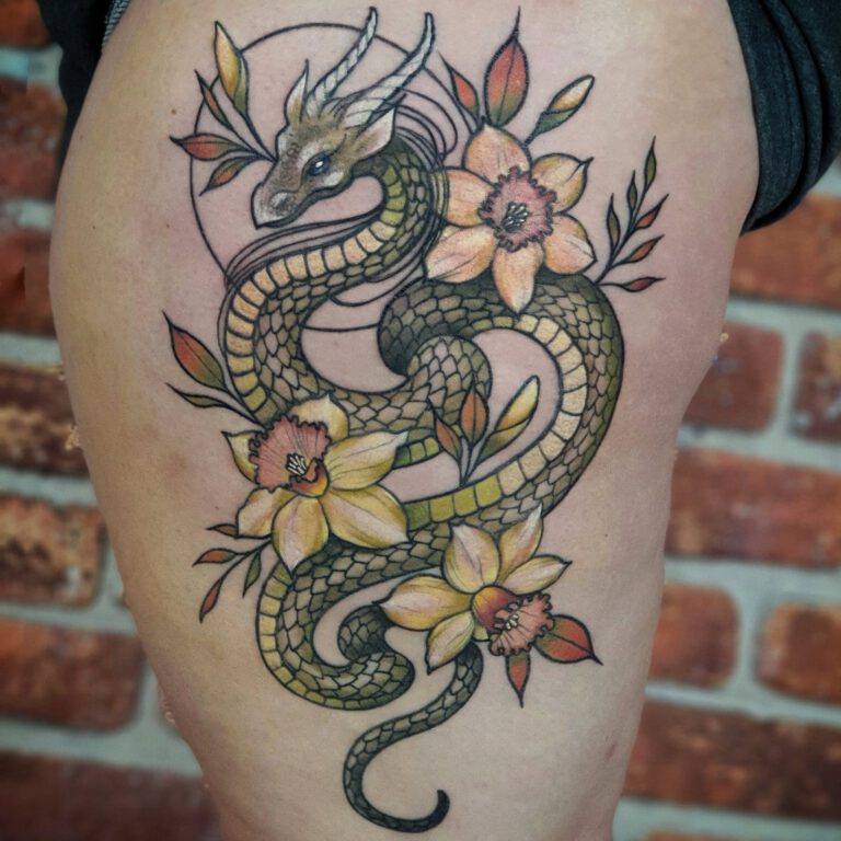 neotraditional dragon and narcissen tattoo by marloes lupker