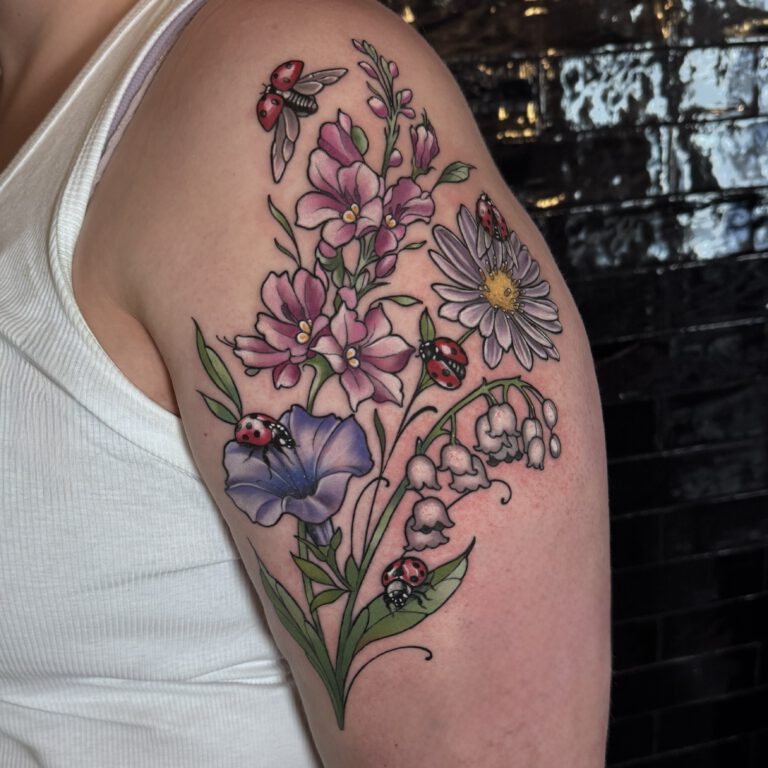 neotraditional flowers and ladybugs tattoo by marloes lupker