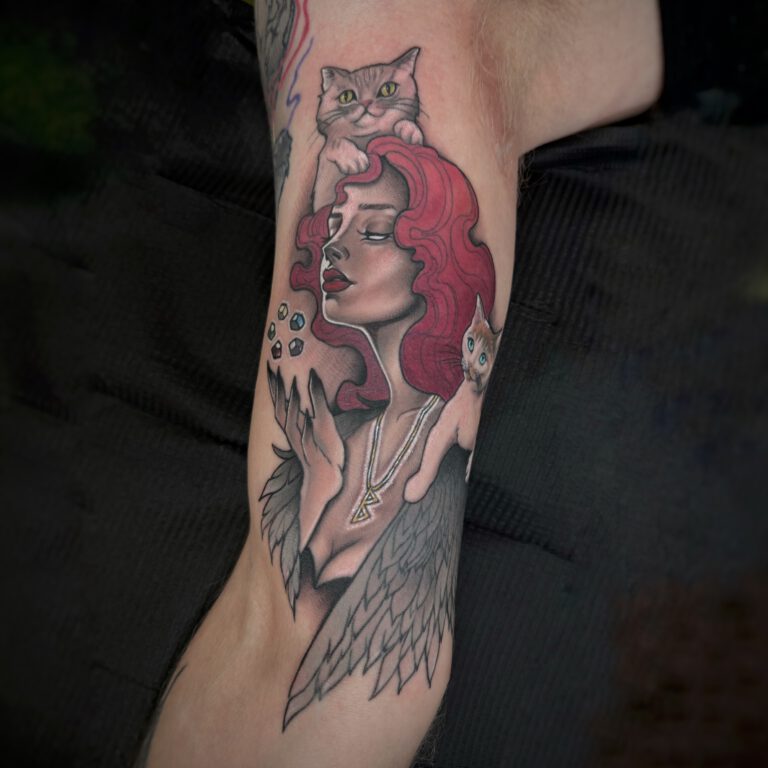 neotraditional freya and cats tattoo by marloes lupker