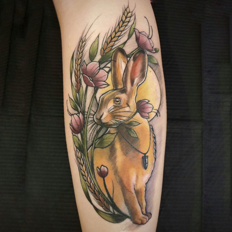 neotraditional hare and wheat tattoo by marloes lupker