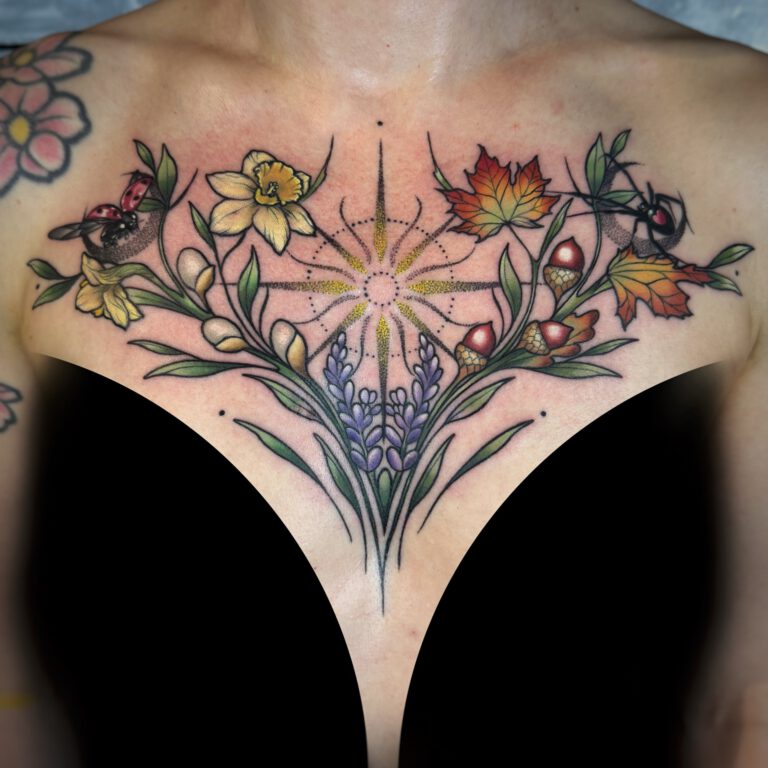 nature goddess of the seasons tattoo chestpiece by marloes lupker
