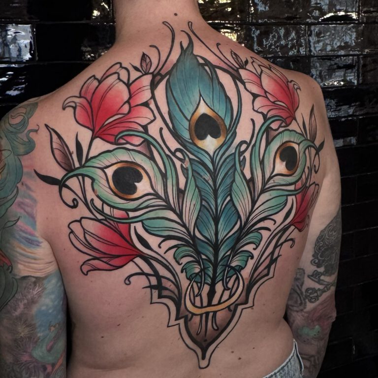 ornamental backpiece peacock feather tattoo by marloes lupker
