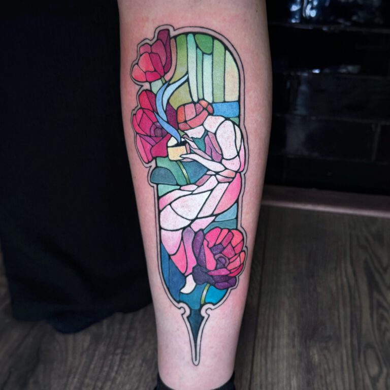 pandora´s box in stained glass style tattoo by marloes lupker