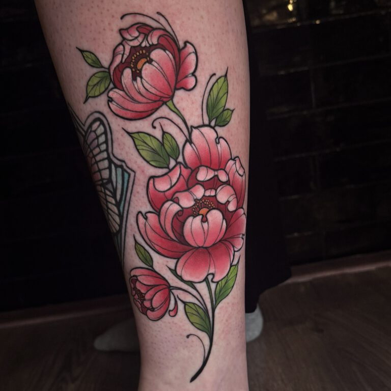neotraditional pink peony rose tattoo by marloes lupker