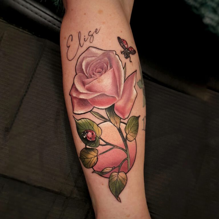 pink rose and ladybugs tattoo by marloes lupker