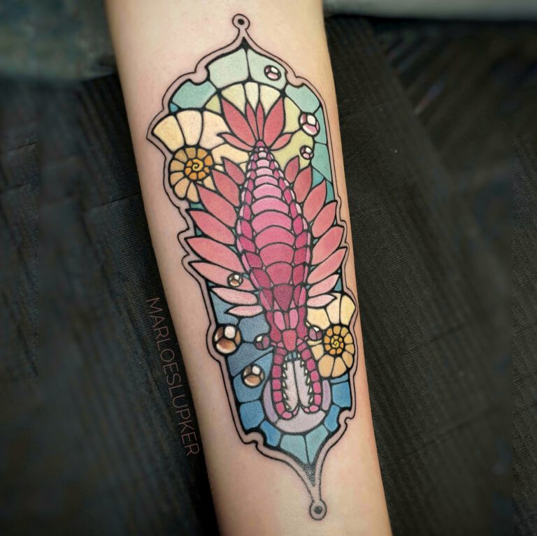 anomalocaris tattoo in stained glass style by marloes lupker