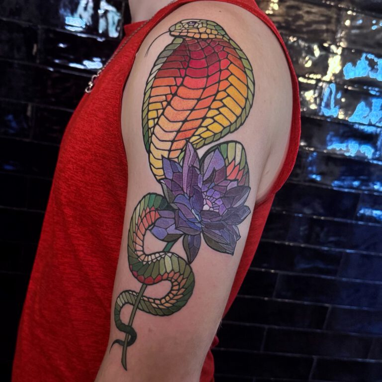black lotus cobra magic stained glass tattoo by Marloes Lupker