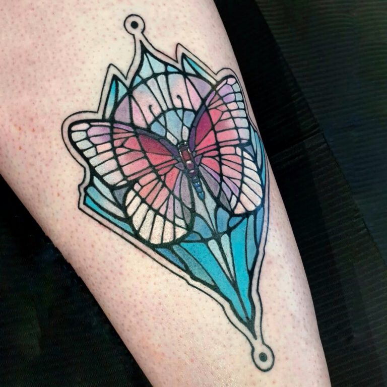 stained glass style butterfly tattoo by marloes lupker