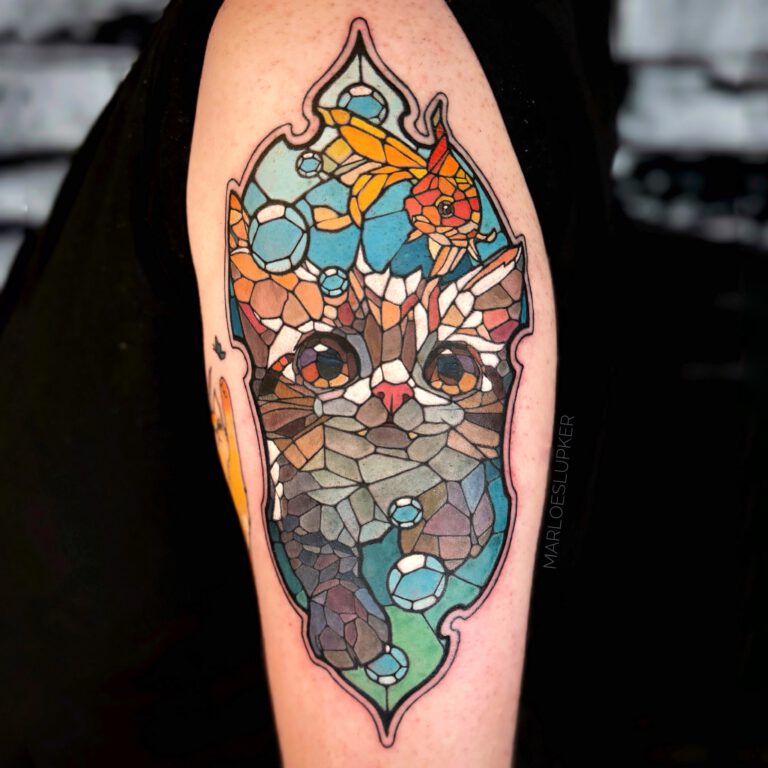 swimming kitty cat stained glass tattoo by marloes lupker