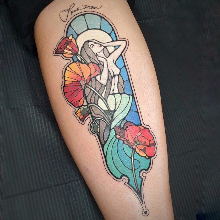 mermaid and poppy stained glass tattoo by marloes lupker