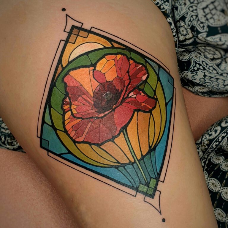 Stained glass poppy tattoo by marloes lupker