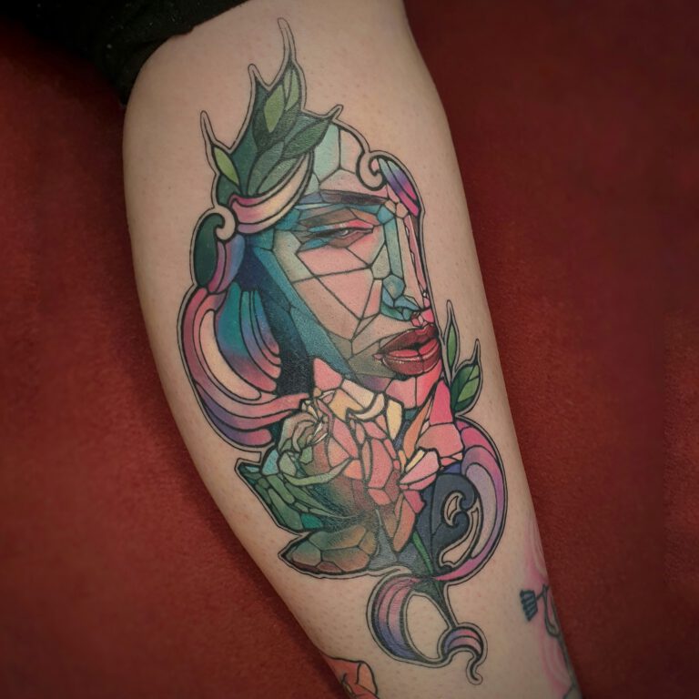 stained glass woman and rose tattoo by marloes lupker