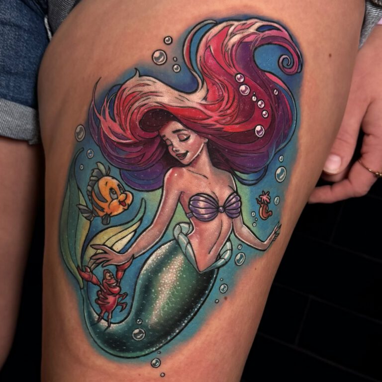 Ariel the little mermaid color tattoo by Marloes Lupker